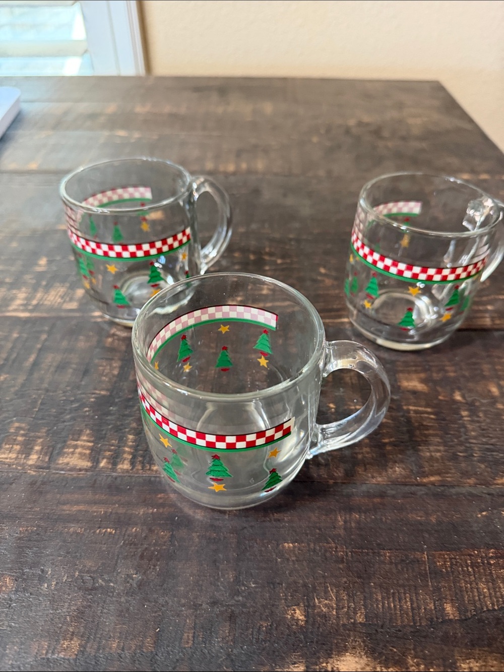 Set of 3 clear  Glass Holiday Mugs with Tree & Star Motif